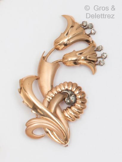 null Pink gold and silver brooch representing a bouquet of lily of the valley decorated...