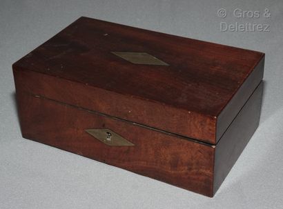 null Mahogany veneer travel set containing two porcelain cups, three cases, a vinaigrette,...