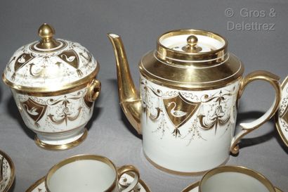 null White and gold porcelain coffee set with antique decoration of swans in escutcheons,...