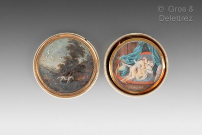 null Round ivory box decorated with a miniature depicting a lakeside landscape with...