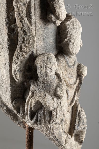 null Element of a calvary in limestone carved on all sides in high relief. Crucifixion...