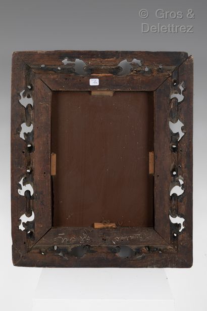  Black and gold carved wood frame with reversed profile. 
Northern Italy, 16th century....