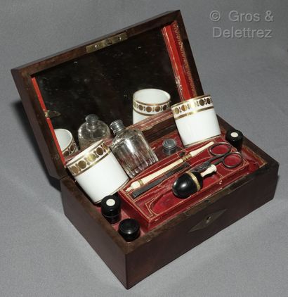 null Mahogany veneer travel set containing two porcelain cups, three cases, a vinaigrette,...