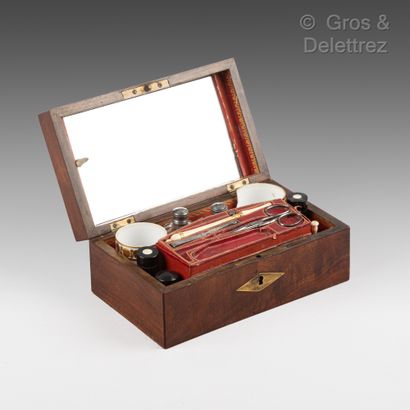 null Mahogany veneer travel set containing two porcelain cups, three cases, a vinaigrette,...