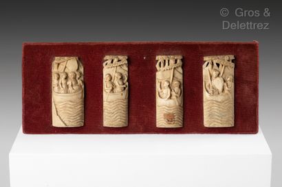 null Four carved bone elements in high relief representing figures in boats

Venice,...