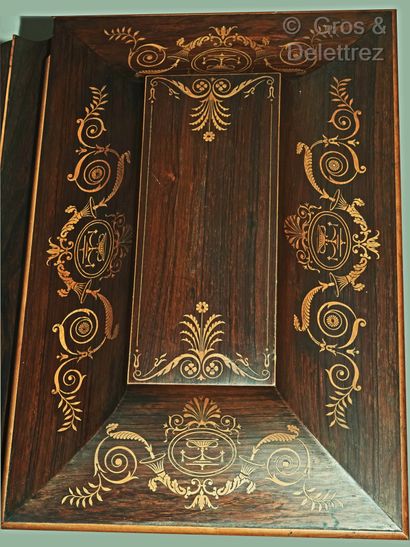 null Rosewood veneer shawl or wedding chest inlaid with fillets, palmettes, scrolls...