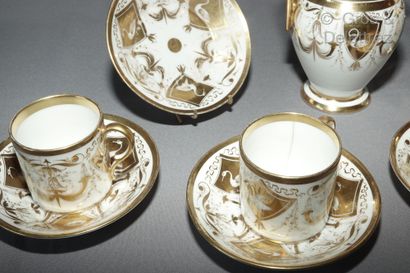 null White and gold porcelain coffee set with antique decoration of swans in escutcheons,...