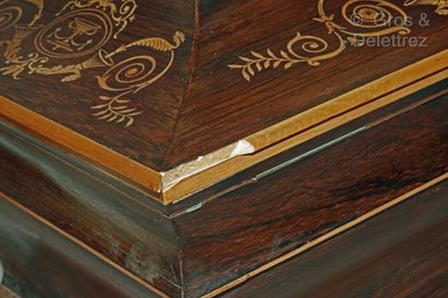 null Rosewood veneer shawl or wedding chest inlaid with fillets, palmettes, scrolls...
