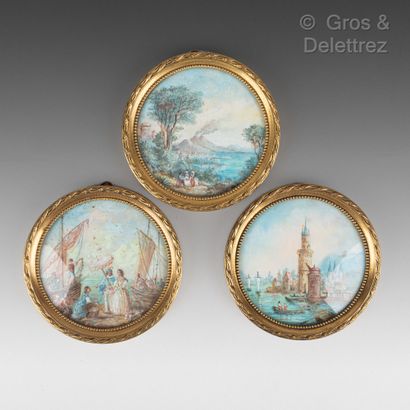 null Suite of three round miniatures depicting a busy port, a beach with elegant...