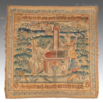 null Small wool and silk tapestry panel depicting Christ and the Samaritan woman...