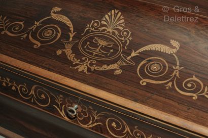 null Rosewood veneer shawl or wedding chest inlaid with fillets, palmettes, scrolls...