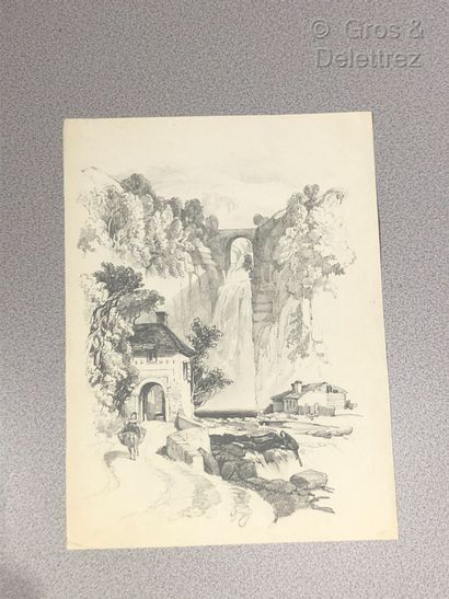 Ecole du XIXe Deux crayons

Femme devant une cascadre et fontaine en fôret 1869

26,5...