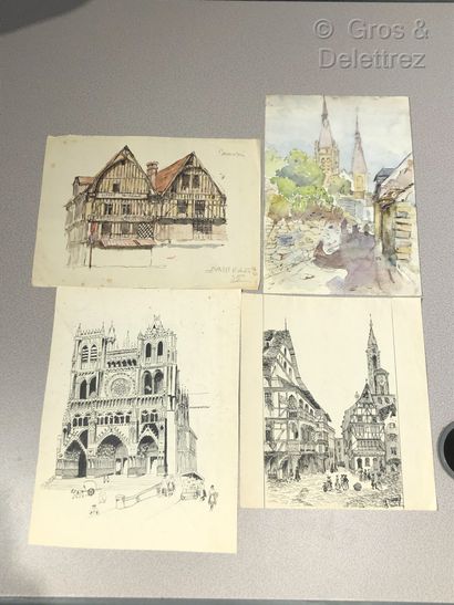 Ecole du XXe Lot de quatre encres et aquarelles représentant des églises et une maison...