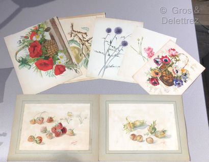 Ecole du XIXe et du XXe Lot de sept aquarelles représentant des fleurs et fruits....