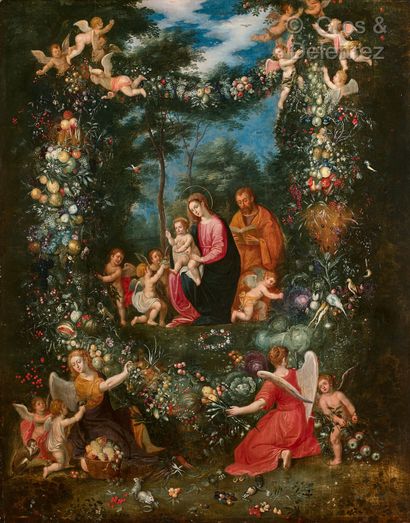 null 
Jan BRUEGHEL II (Anvers 1601- 1678)	




La Sainte Famille entourée d’anges...