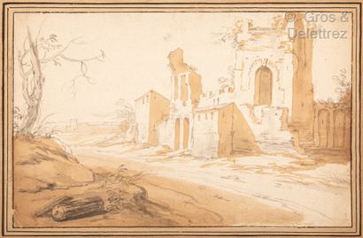 null Dutch school, late 17th century

Landscape with Roman ruins

Black stone, brown...