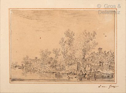 null Jan van Goyen (1596-1656)	

Rivière avec barque et une habitation sur la droite	

Pierre...