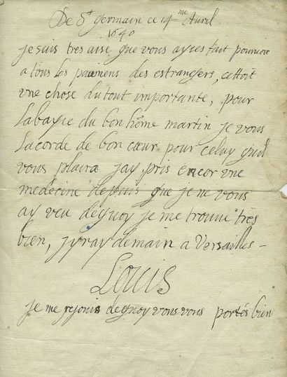  [Louis XIII] - Lettre autographe signée adressée de Saint Germain le 14 avril 1640,...