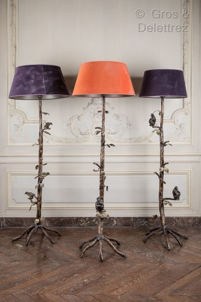 null Suite of three lamp posts in lacquered metal representing a tree inhabited by...
