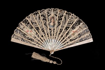  Portrait of a woman, Europe, circa 1900 Folded fan, the lace leaf decorated with...