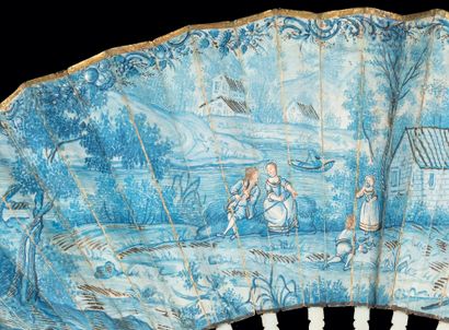  Camaïeu de bleu, vers 1760-1770 Éventail plié, la feuille double en papier peint...