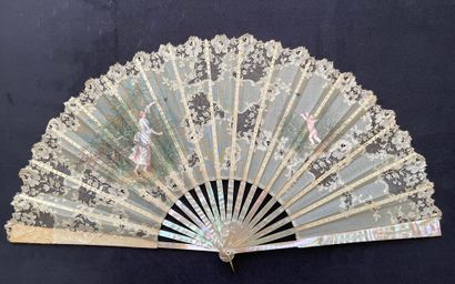  Birds as Messengers of Love, Europe, ca. 1900 Folded fan, the mechanical lace and...