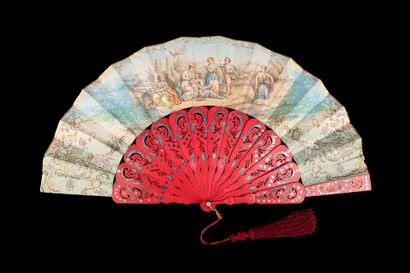  Red, Europe, ca. 1850-1860 Folded fan, the double sheet of lithographed paper enhanced...