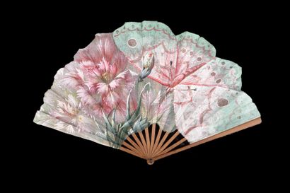  carnations and butterfly, Europe, ca. 1900 Fan, the fabric leaf painted with a pink...
