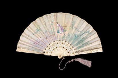  The girl and the doves, Europe, ca. 1920 Folded fan, the silk leaf painted with...