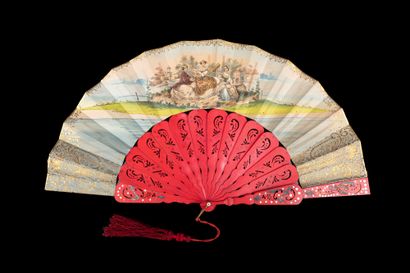  Red, Europe, ca. 1850-1860 Folded fan, the double sheet of lithographed paper enhanced...