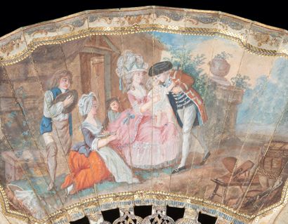  La visite à la nourrice, vers 1780 Éventail plié, la feuille en soie crème peinte...