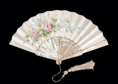 null Roses and lilies, Europe, circa 1880-1890
Folded fan, the cream satin leaf painted...