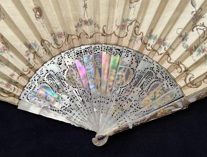  Cherry picking, Europe, late 19th century Folded fan, the double skin sheet painted...