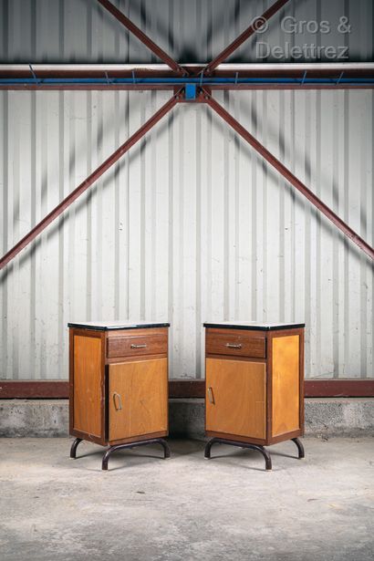 null Pair of bedside tables with a drawer and a door resting on brown lacquered metal...