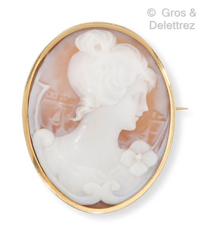 null Yellow gold brooch, decorated with a cameo shell representing a woman in bust....