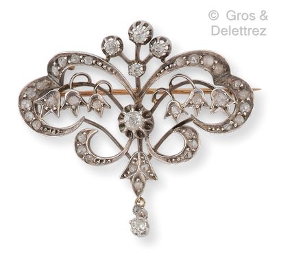 null Brooch "Lily of the valley" in yellow gold and openwork silver, composed of...