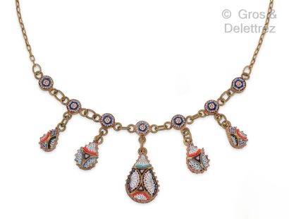 null Necklace "Collar" in gilded metal with drops set with micro-mosaic. Italian...