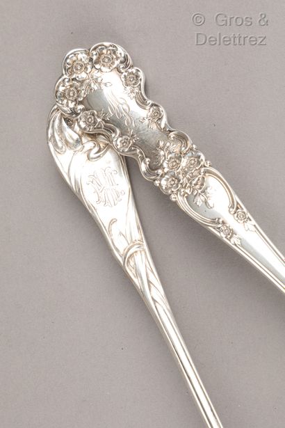 null Ladle and punch ladle in silver decorated with flowers and plants of art nouveau...