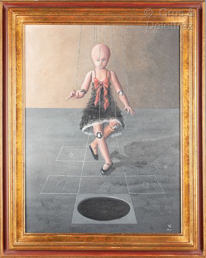 null Thierry VAUBOURGOIN (born in 1944) Puppet playing hopscotch Oil on canvas monogrammed...