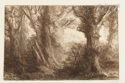 null Alphonse LEGROS (1837 - 1911) In the forest of Conteville. Etching. Two copies...