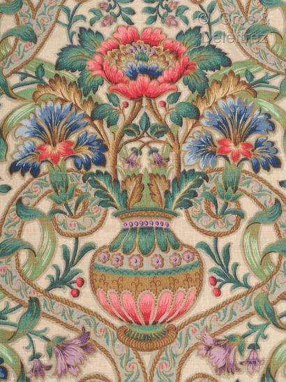  Suite of fourteen pairs of curtains in cotton with printed decoration of pot from...
