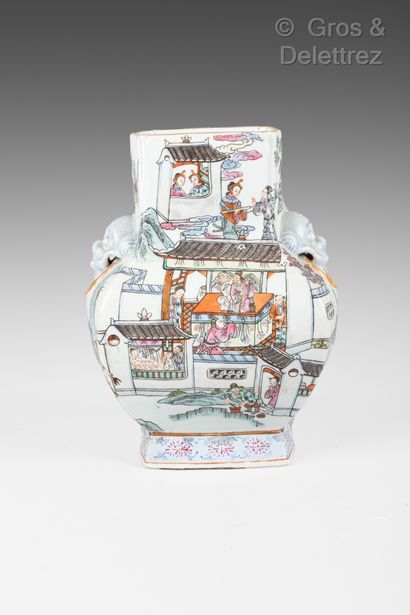 null China. White porcelain baluster vase with a flattened body, polychrome enamelled,...