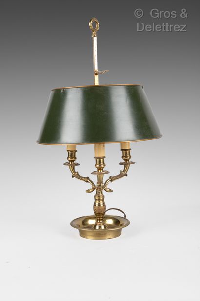 Lamp bouillotte with three lights in brass....