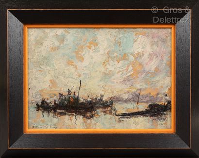 null André GUERIN LE GUAY (1872-?) Gondolas Oil on paper signed lower left 19 x 26...