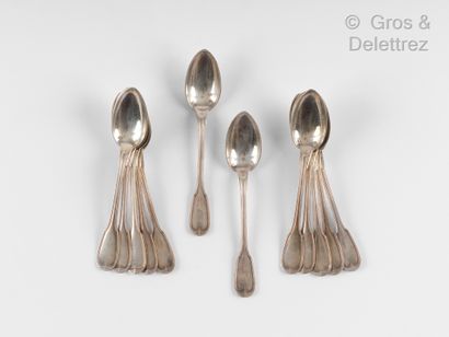null Set of twelve small silver mocha spoons, net pattern, Minerva hallmark Weight...