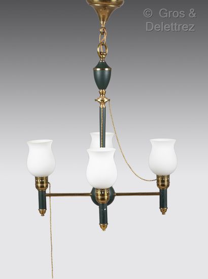 Brass and white opaline chandelier. We joined...