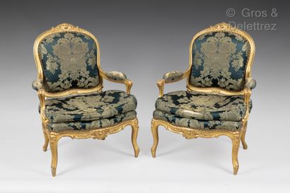 null Pair of giltwood armchairs with flat back. Louis XV style, 19th century 100...