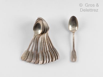 null Set of twelve small silver mocha spoons, shell model, Minerva hallmark Weight...