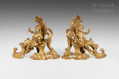 Pair of bronze andirons Louis XV style Height...