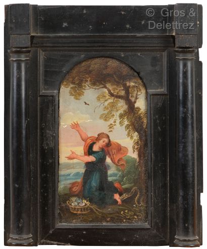 null 17th century school Eurydice bitten by a snake Oil on curved panel 22 x 12 cm....